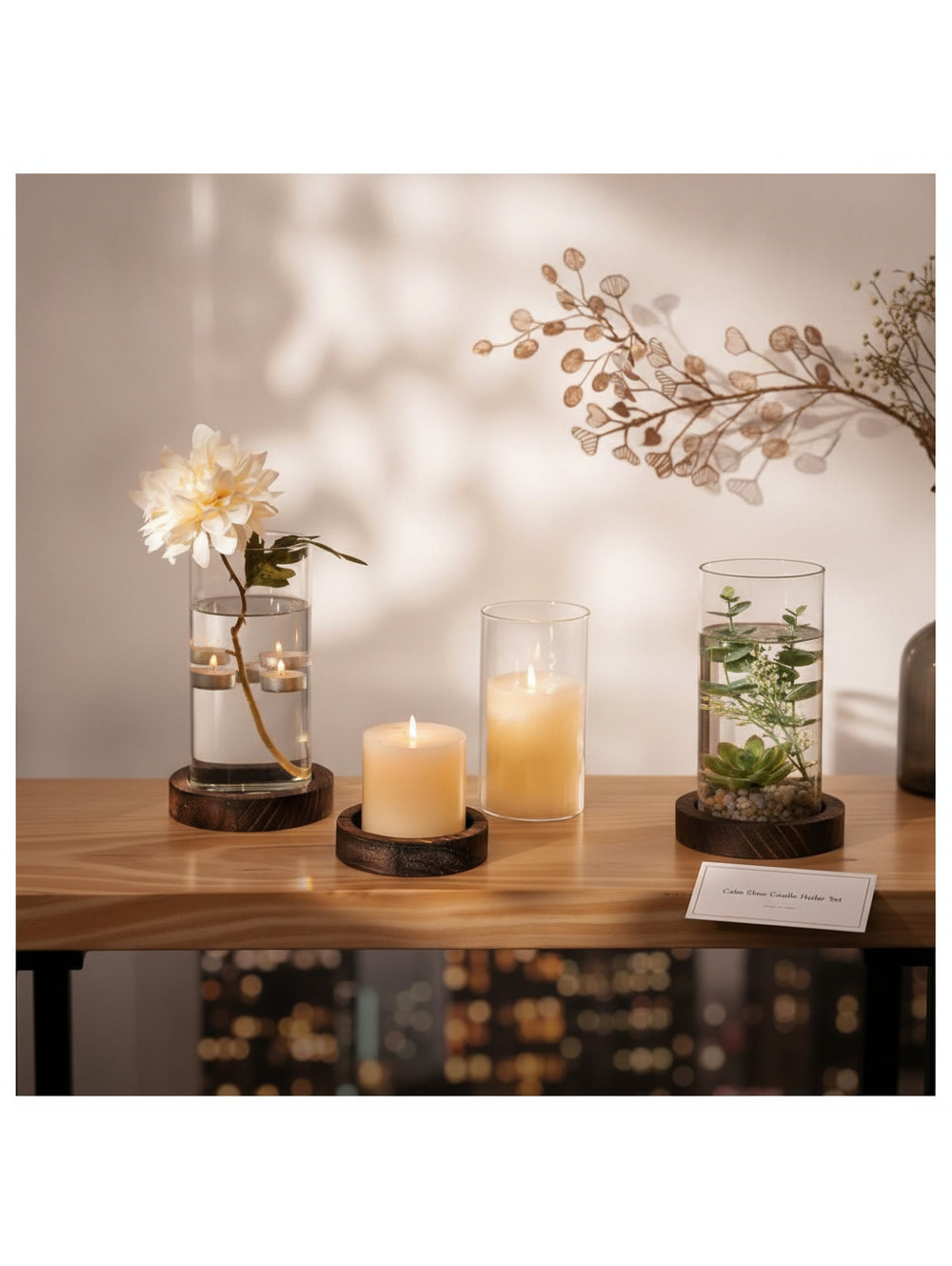 Glass Pillar Candle Holder w Rustic Brown Wooden Plate, Set of 2, candle holder